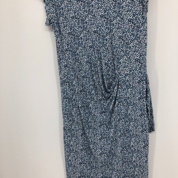 LOFT Light blue white dotted side gather short sleeve rayon midi sheath dress L - Picture 10 of 14